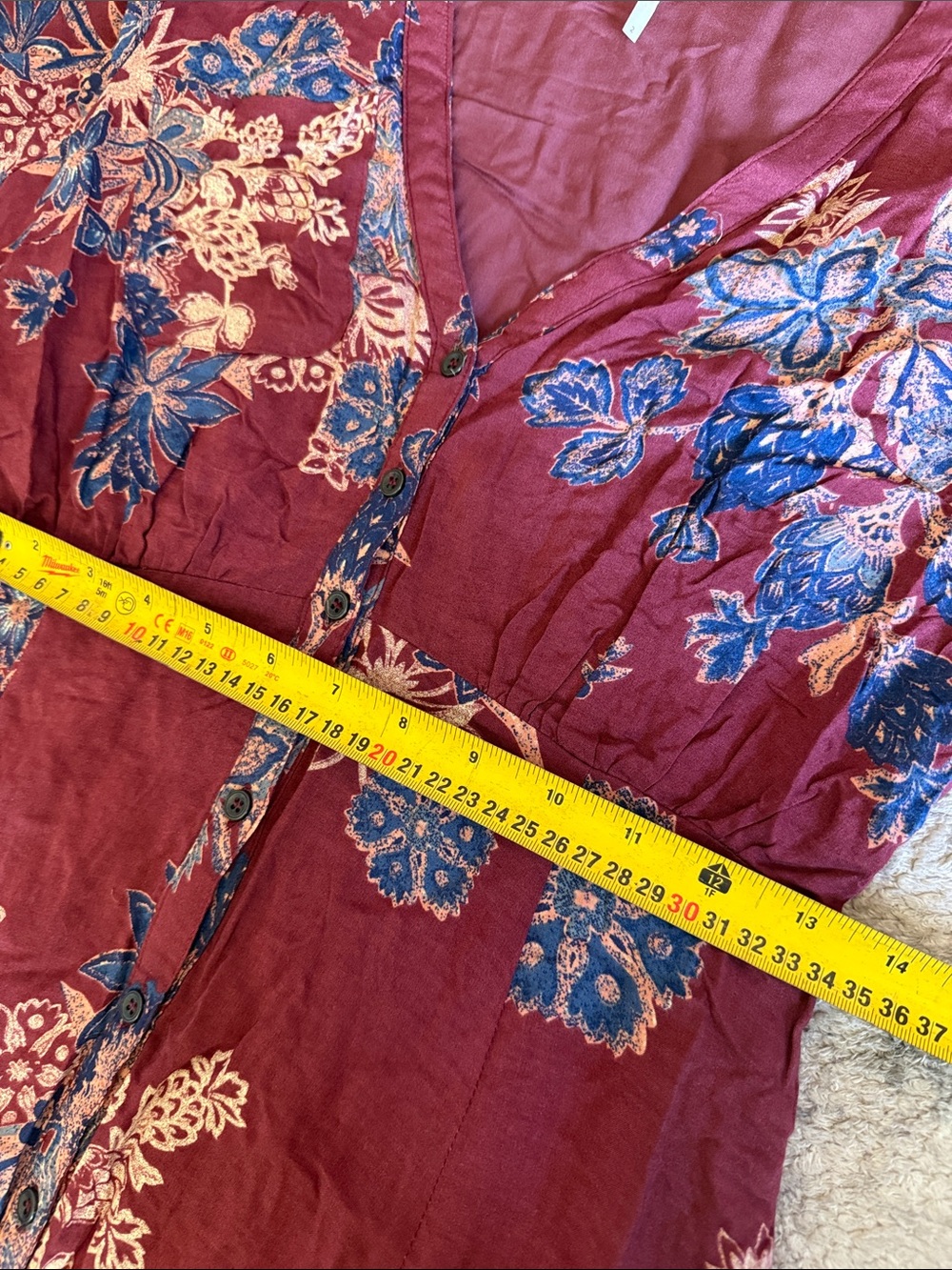 Free People Burgundy Floral Button Front Midi Maxi Dress Size 2 Boho Long Sleeve - Picture 8 of 9